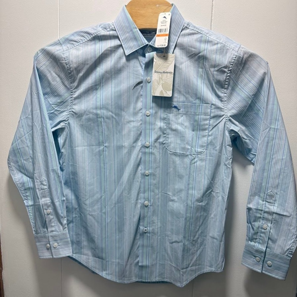 Tommy Bahama Sarasota Stretch Santiago Stripe Shirt Blue Dew Size Small NEW
